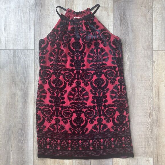 Max Studio Dresses & Skirts - Red Black Womens Damask Dress Size M Velvet Ornate Cocktail Romantic Tapestry